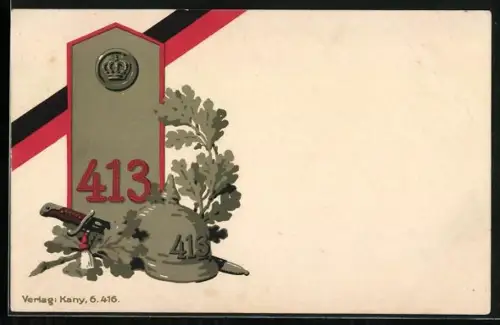 AK Infanterie-Regiment Nr. 413, Schulterklappe, Pickelhaube und Bajonett