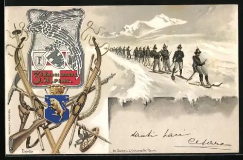 Lithographie Alpini, 30. Regiment auf Skiern in den Bergen, Wappen