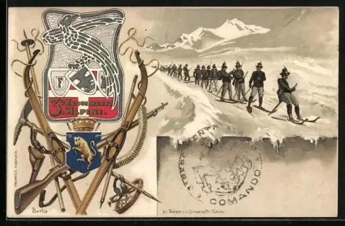 Lithographie 3 Reggimento Alpini Gebirgsjäger Ski Patrouille Schneeschuhe Spitzhacke Bergausrüstung