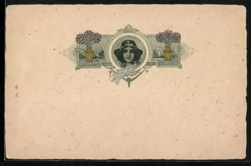 AK Frauenportrait im Jugendstil-Rahmen