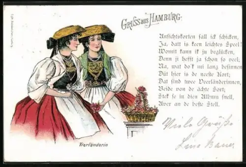AK Hamburg, Zwei Frauen aus dem Vierlande mit Blumenkorb