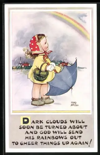 Künstler-AK Mabel Lucie Attwell: Mädchen mit Regenschirm blickt zum Regenbogen