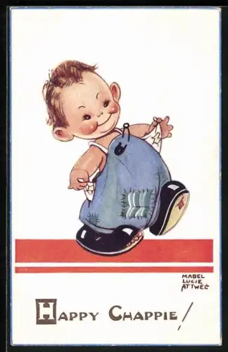 Künstler-AK Mabel Lucie Attwell: Fröhlicher Knabe in geflickter Hose mit leeren Taschen