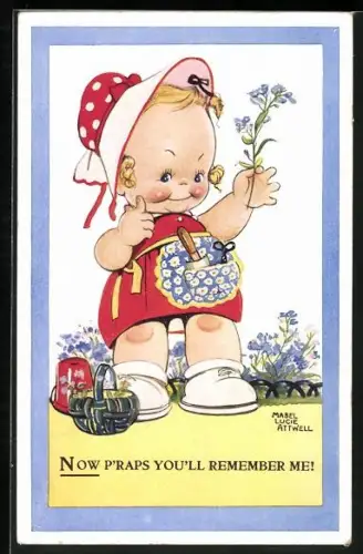 Künstler-AK Mabel Lucie Attwell: Now p`raps you`ll remember me!, kleine Gärtnerin mit Blume