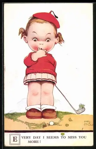 Künstler-AK Mabel Lucie Attwell: niedliches Mädchen spielt Golf