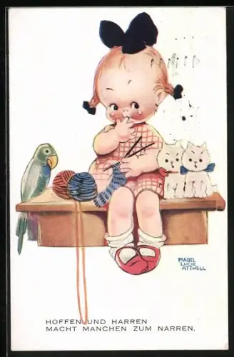 Künstler-AK Mabel Lucie Attwell: Hoffen und Harren..., Mädchen mit Strickzeug