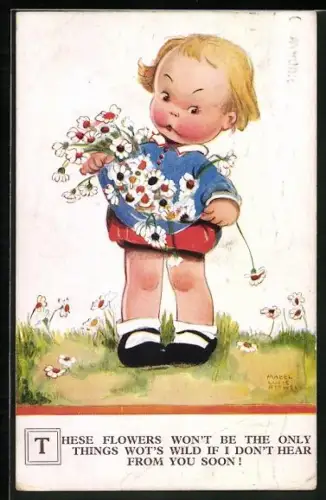 Künstler-AK Mabel Lucie Attwell: Wütendes kleines Mädchen mit Wildblumenstrauss