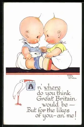 Künstler-AK Mabel Lucie Attwell: Zwei Babys kennen ihren Wert für Grossbritannien, Klapperstorch