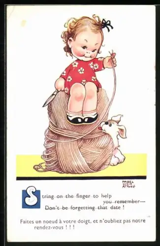 Künstler-AK Mabel Lucie Attwell: Baby sitzt auf Wollknäuel & Vers, Hund