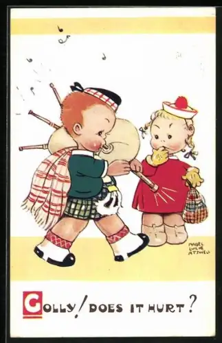 Künstler-AK Mabel Lucie Attwell: Dudelsackspieler mit Mädchen