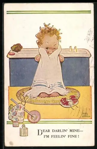 Künstler-AK Mabel Lucie Attwell: Mädchen trocknet sich nach dem Baden mit dem Handtuch ab