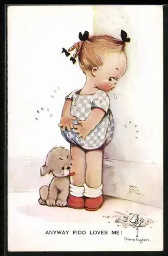 Künstler-AK Mabel Lucie Attwell: Anyway Fido Loves Me, Kleines Mädchen steht weinend vor einer Hauswand