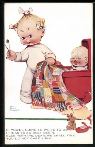 Künstler-AK Mabel Lucie Attwell: Kleines Mädchen mit weinendem Baby