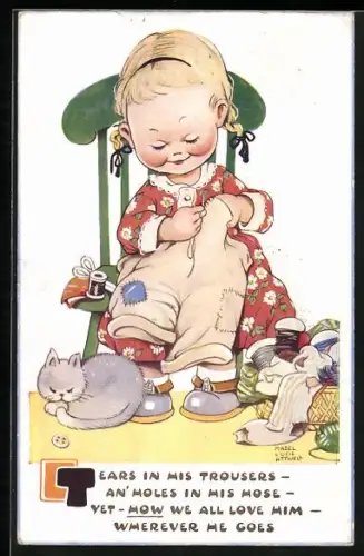 Künstler-AK Mabel Lucie Attwell: Junges Mädchen näht eine Hose