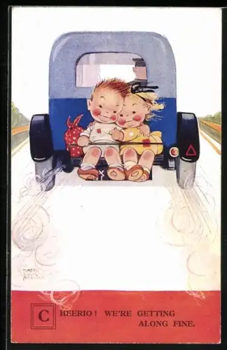 Künstler-AK Mabel Lucie Attwell: Kinderpaar sitzt hinten auf Auto