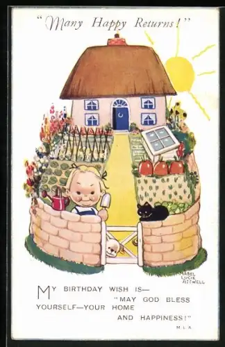 Künstler-AK Mabel Lucie Attwell: Mädchen am Gartentor mit prachtvollem Gemüsegarten, England - my England