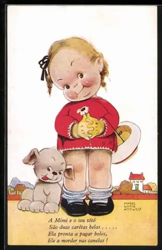 Künstler-AK Mabel Lucie Attwell: Mädchen mit Blume und Hund