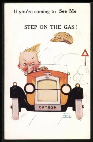 Künstler-AK Mabel Lucie Attwell: Junge rast mit dem Auto