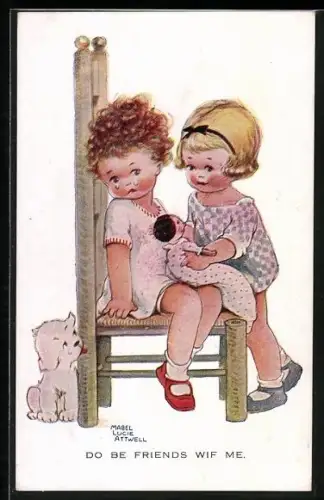 Künstler-AK Mabel Lucie Attwell: Zwei Mädchen mit einer Puppe