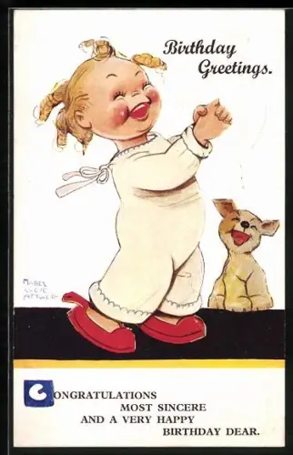 Künstler-AK Mabel Lucie Attwell: Lachendes Mädchen mit Hund, Geburtstagsgruss