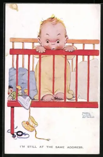 Künstler-AK Mabel Lucie Attwell: Weinendes Kleinkind steht traurig in seinem Gitterbett