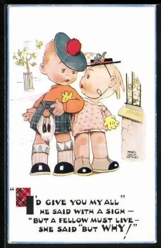 Künstler-AK Mabel Lucie Attwell: Junge im Kilt mit Mädchen