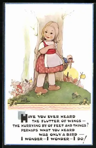 Künstler-AK Mabel Lucie Attwell: Mädchen mit Puppe am Baum