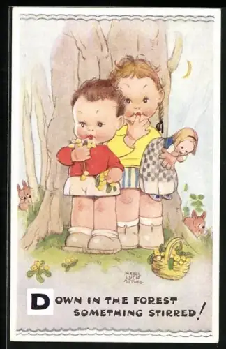 Künstler-AK Mabel Lucie Attwell: Kinderpaar mit Puppe am Baum