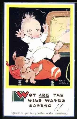 Künstler-AK Mabel Lucie Attwell: Baby und Hund sitzen vor dem Radio
