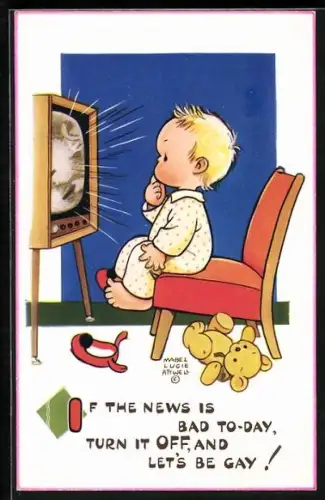 Künstler-AK Mabel Lucie Attwell: Kleinkind schaut Nachrichten