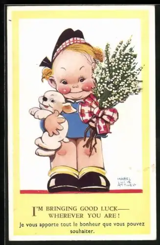 Künstler-AK Mabel Lucie Attwell: Mädchen mit Hund und Blumen in der Hand