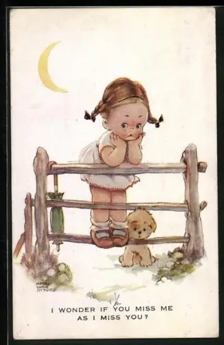 Künstler-AK Mabel Lucie Attwell: Mädchen steht auf einem Zaun, I wonder if you miss me as I miss you?