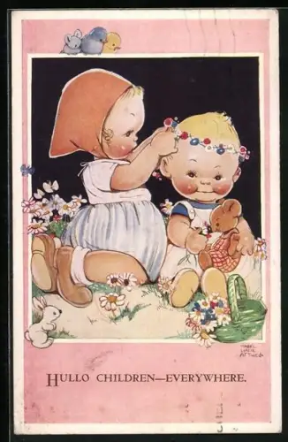 Künstler-AK Mabel Lucie Attwell: Zwei Kinder mit einem Teddy