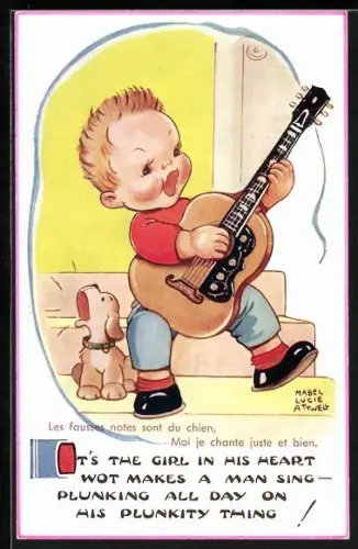 Künstler-AK M.L. Attwell: Ein Junge spielt Gitarre und ein Hund jault dazu