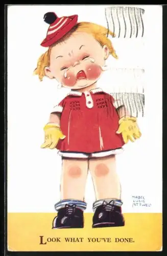 Künstler-AK Mabel Lucie Attwell: Mädchen mit rotem Hütchen weint bitterlich