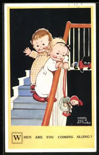 Künstler-AK Mabel Lucie Attwell: Kinder stehen an einer Treppe, When are you coming along?
