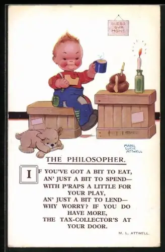 Künstler-AK Mabel Lucie Attwell: Junge sitzt mit Brot und Tee an einem Tisch, The Philosopher