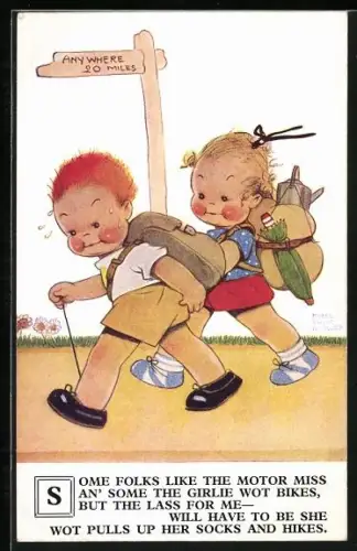 Künstler-AK Mabel Lucie Attwell: Some Folks like the Motor miss..., kleine Wanderer