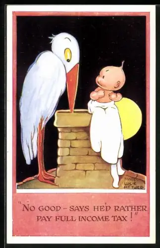 Künstler-AK Mabel Lucie Attwell: Storch und Baby bei einem Schornstein, No good- says he`d rather pay full income tax