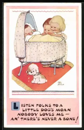 Künstler-AK Mabel Lucie Attwell: zwei Kleinkinder beim Baby am Bettchen