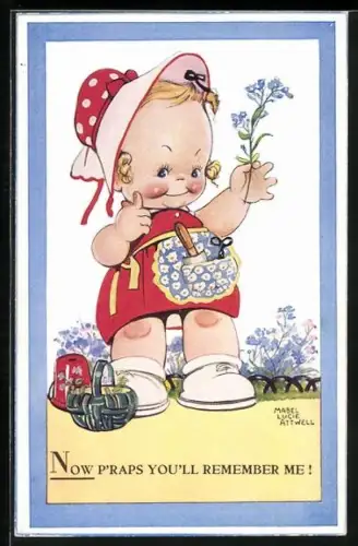 Künstler-AK Mabel Lucie Attwell: Now p`raps you`ll remember me!, kleine Gärtnerin mit Blume