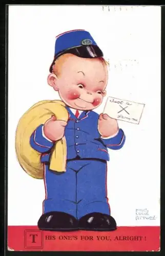 Künstler-AK Mabel Lucie Attwell: kleiner Briefträger guckt sich einen Brief an