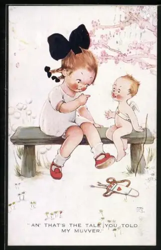 Künstler-AK Mabel Lucie Attwell: Mädchen und Amor sitzen zusammen auf einer bank, An`d thats the tale you told...