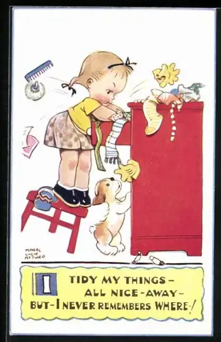 Künstler-AK Mabel Lucie Attwell: Kind kramt in einer Schublade, I tidy my things- all nice-away- but- I never...