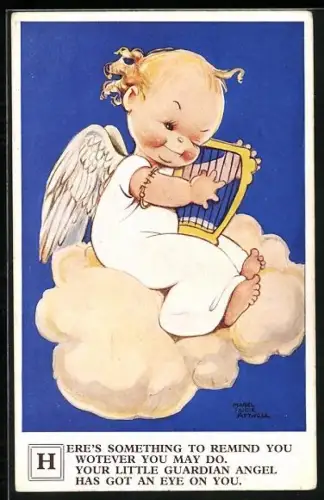 Künstler-AK Mabel Lucie Attwell: Kleiner Schutzengel spielt Harfe in den Wolken