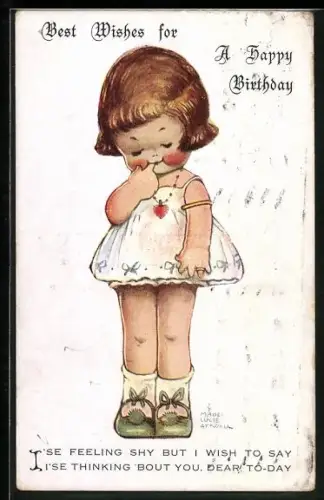 Künstler-AK Mabel Lucie Attwell: Verlegenes Mädchen mit Halskette, Best Wishes for A Happy Birthday