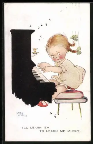Künstler-AK Mabel Lucie Attwell: Wütendes Mädchen spielt Klavier, I`ll learn `em to learn me music
