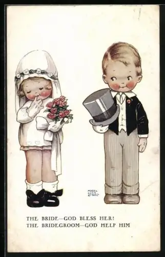 Künstler-AK Mabel Lucie Attwell: Braut und Bräutigam, The Bride-God bless her! The Bridegroom-God help him!