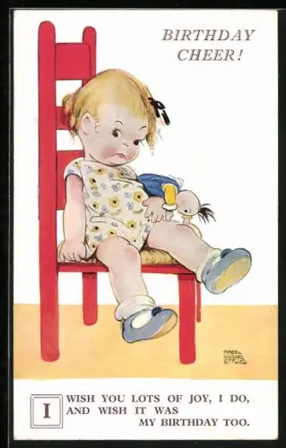 Künstler-AK Mabel Lucie Attwell: Mädchen mit Puppe sitzt auf einem Stuhl, Birthday Cheer