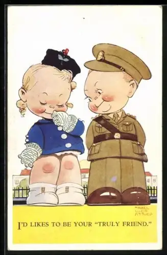 Künstler-AK Mabel Lucie Attwell: Kleiner Soldat in Uniform mit einem Mädchen, I`d likes to be your Truly Friend